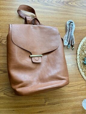Classic Tan Leather Backpack purse with Gold Accent